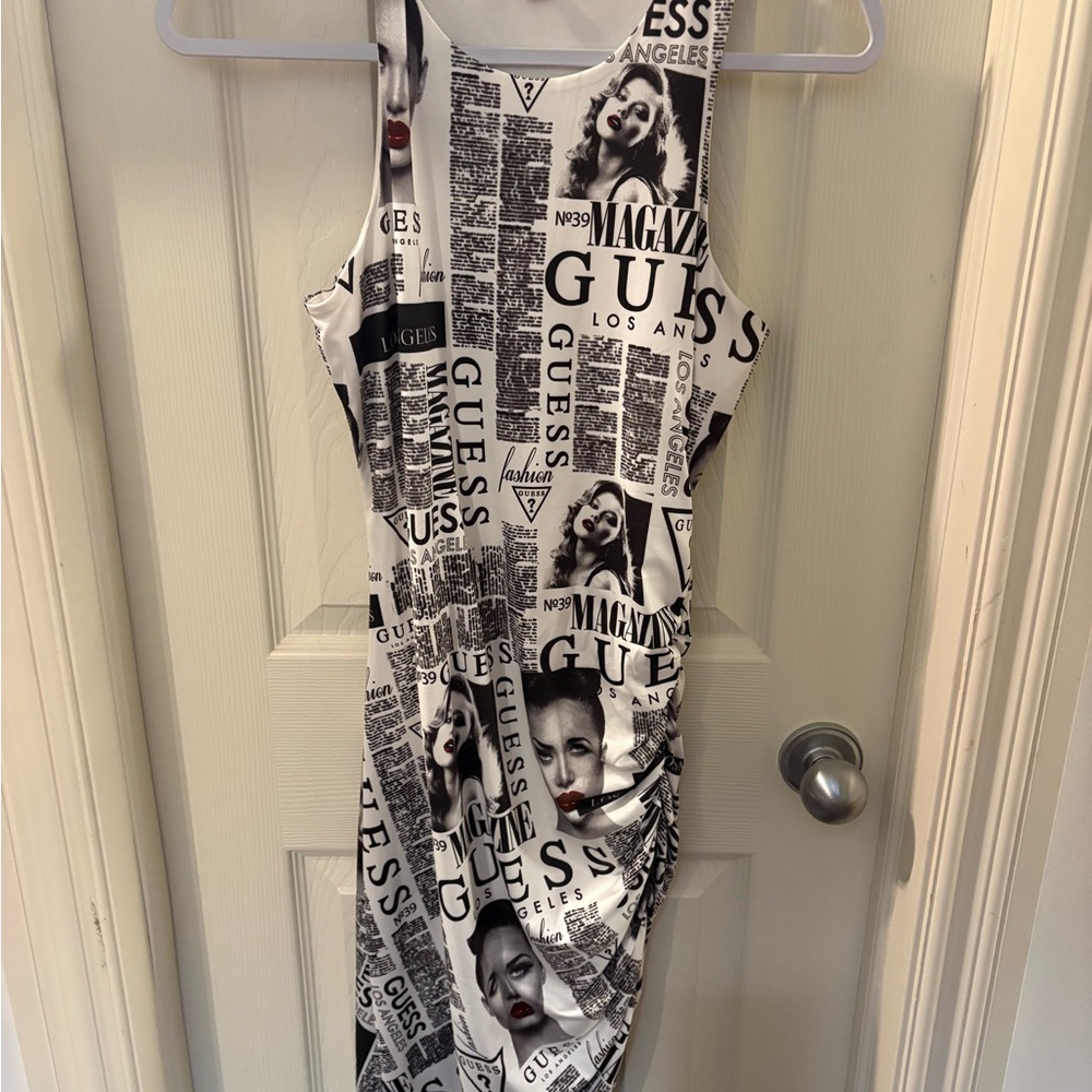 GUESS Monochrome Newspaper Print Backless Dress